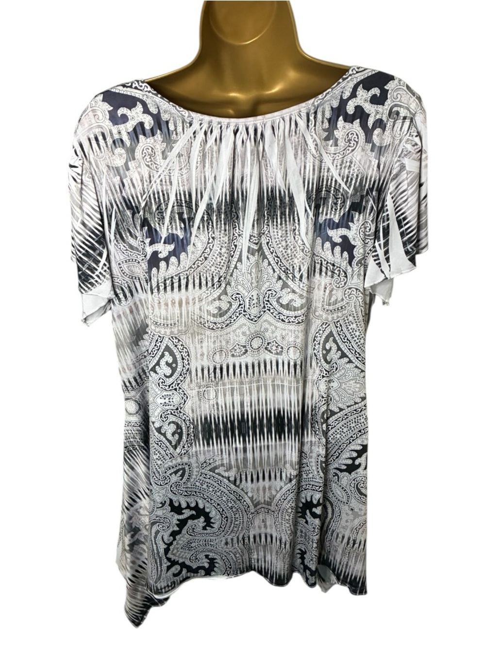World Unity Woman Embellished Paisley Tunic Top Gray Black Short Sleeve 1X - Picture 6 of 6